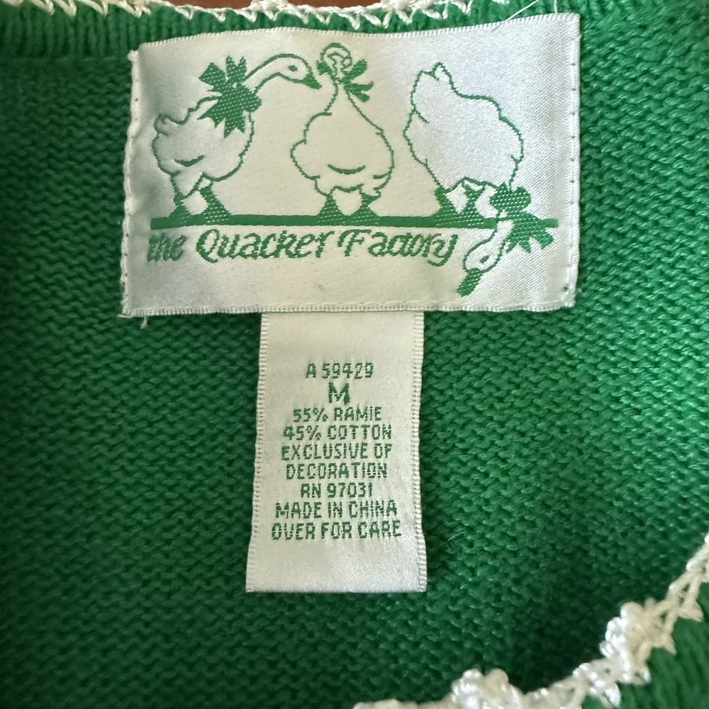 Quacker Factory Christmas Sweater M Green Sequin Santa Cardigan Beaded Vintage F
